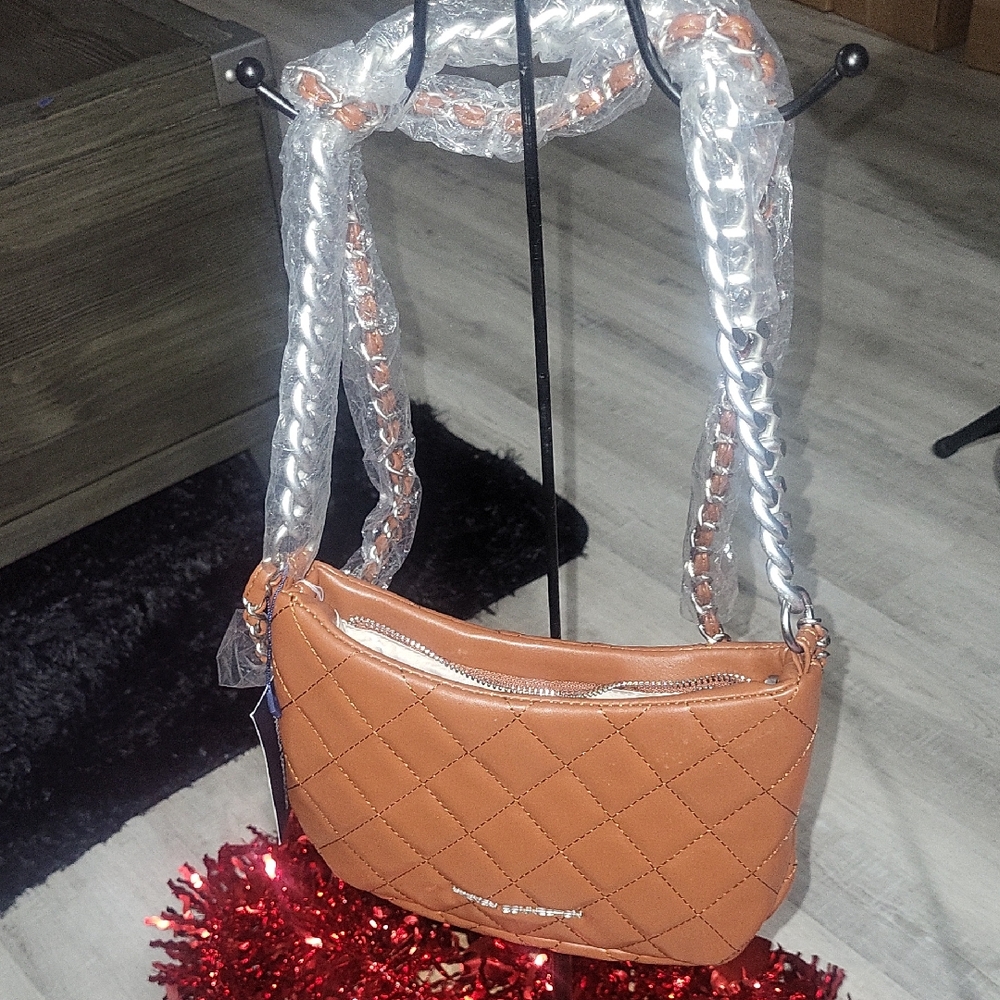 French Connection Quilted Brown Shoulder Bag with Silver Chain - Picture 1 of 7